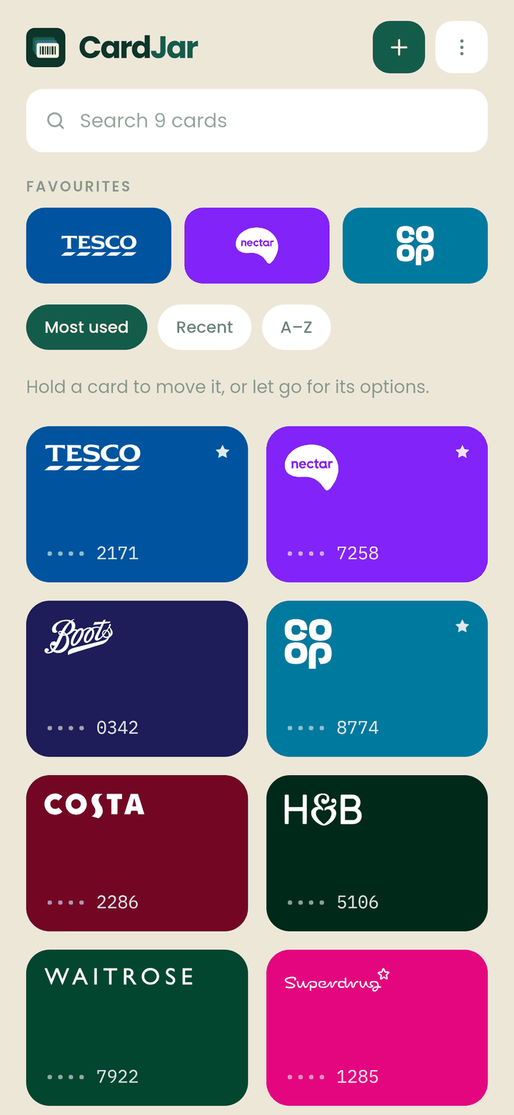 The CardJar jar screen: a grid of loyalty cards in each retailer's own colour, with Tesco Clubcard, Nectar and Co-op Membership pinned as favourites