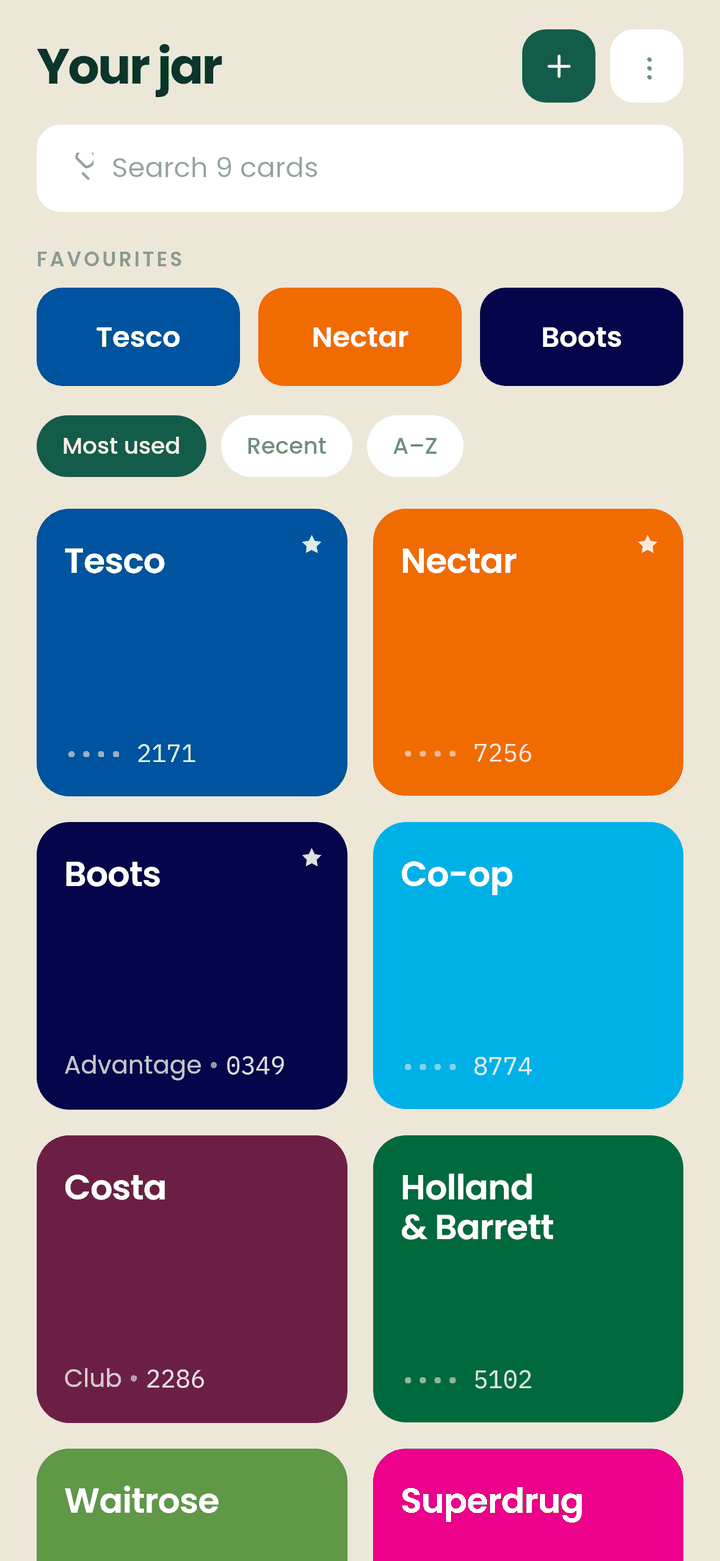 The CardJar jar on a phone, with Tesco, Nectar and Boots pinned as favourites at the top of the screen