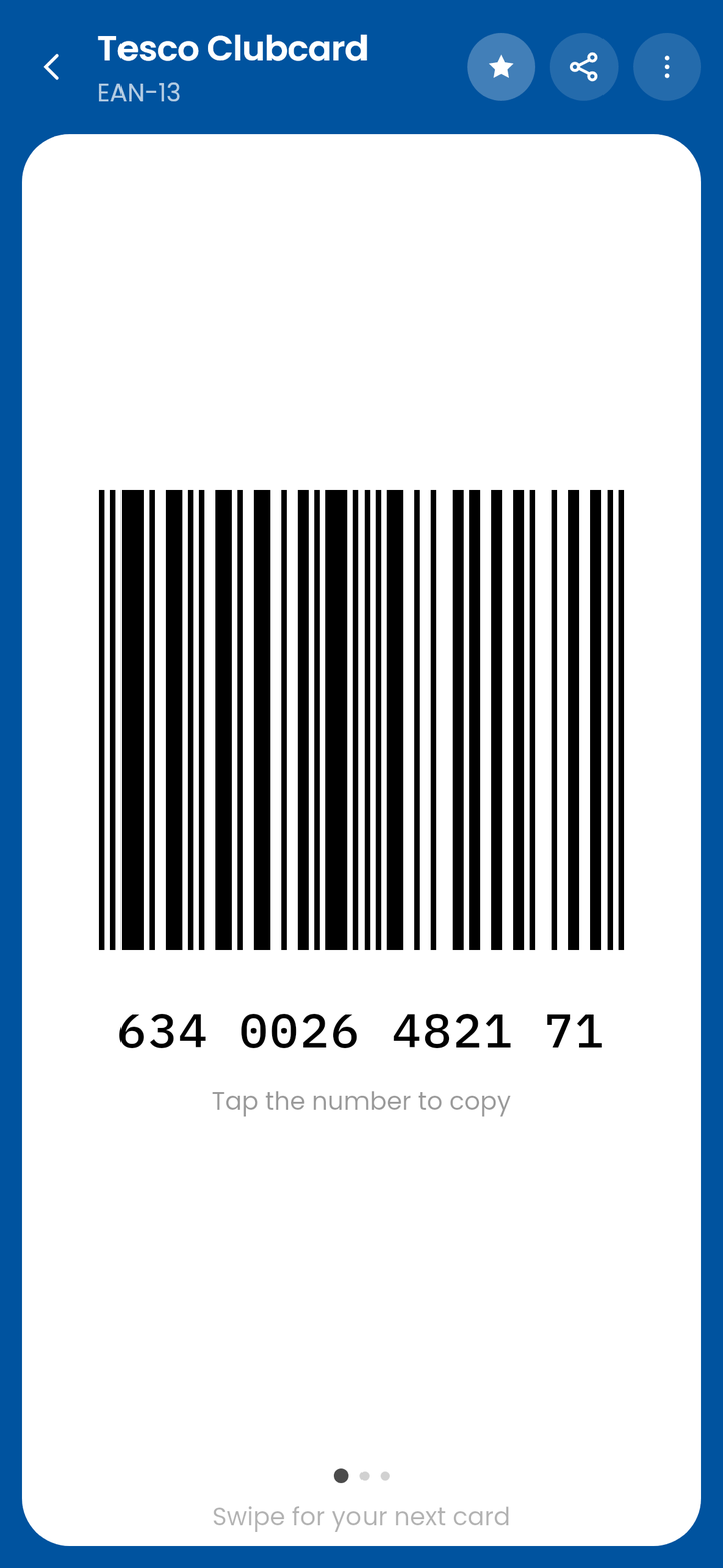 The CardJar till screen showing a Tesco Clubcard EAN-13 barcode on a white plate with the number underneath