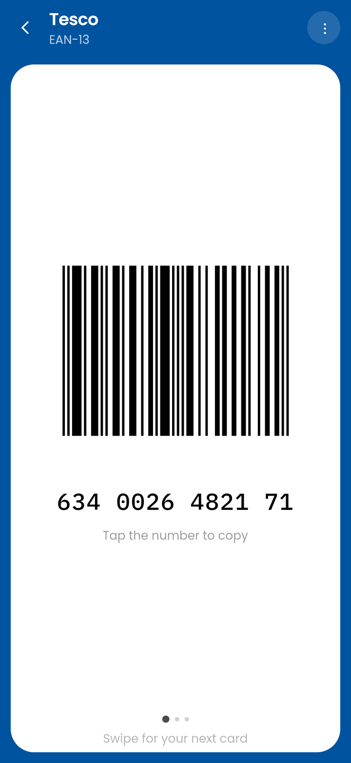 The CardJar till screen showing a Tesco Clubcard EAN-13 barcode on a white plate with the number underneath