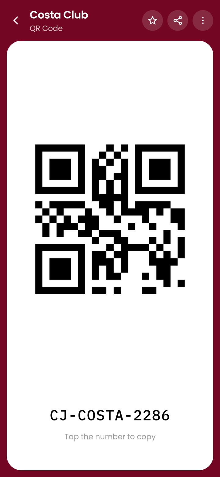 Costa Club on the CardJar till screen: its QR Code drawn as a square block, with the number underneath
