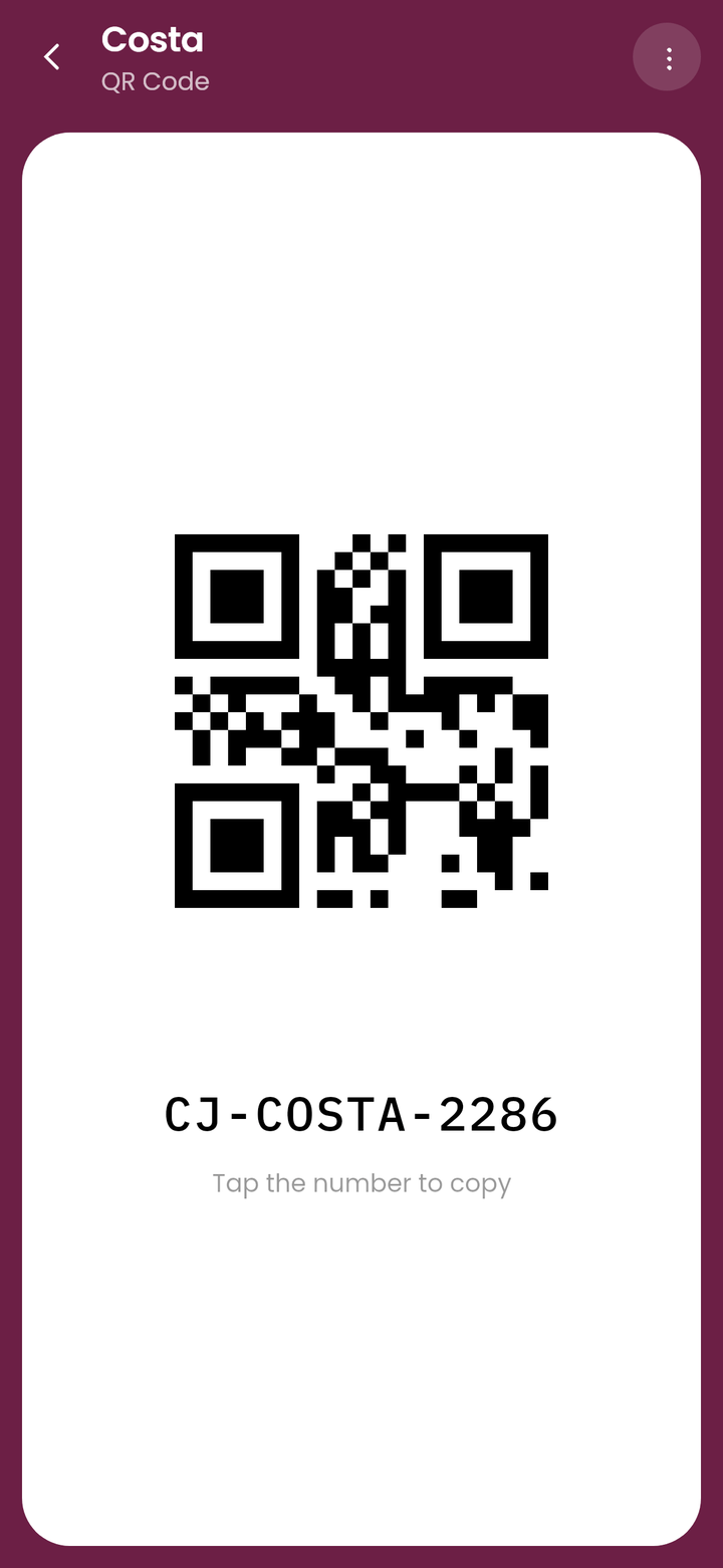 The till screen showing a Costa Club QR code, the kind of two-dimensional barcode that scans well from a small screen