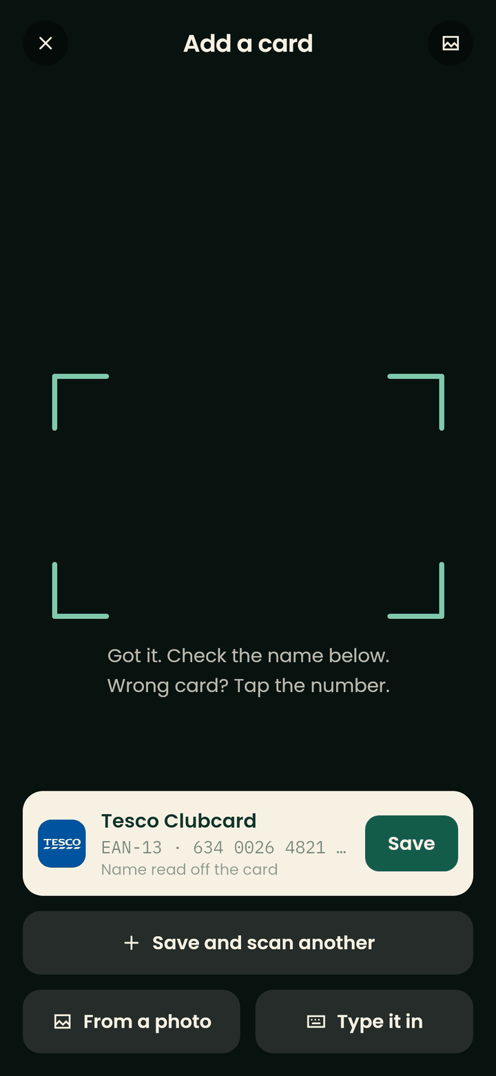 The CardJar scan screen: the camera has locked on to a barcode, named it Tesco Clubcard and read its EAN-13 number, with Save beside it