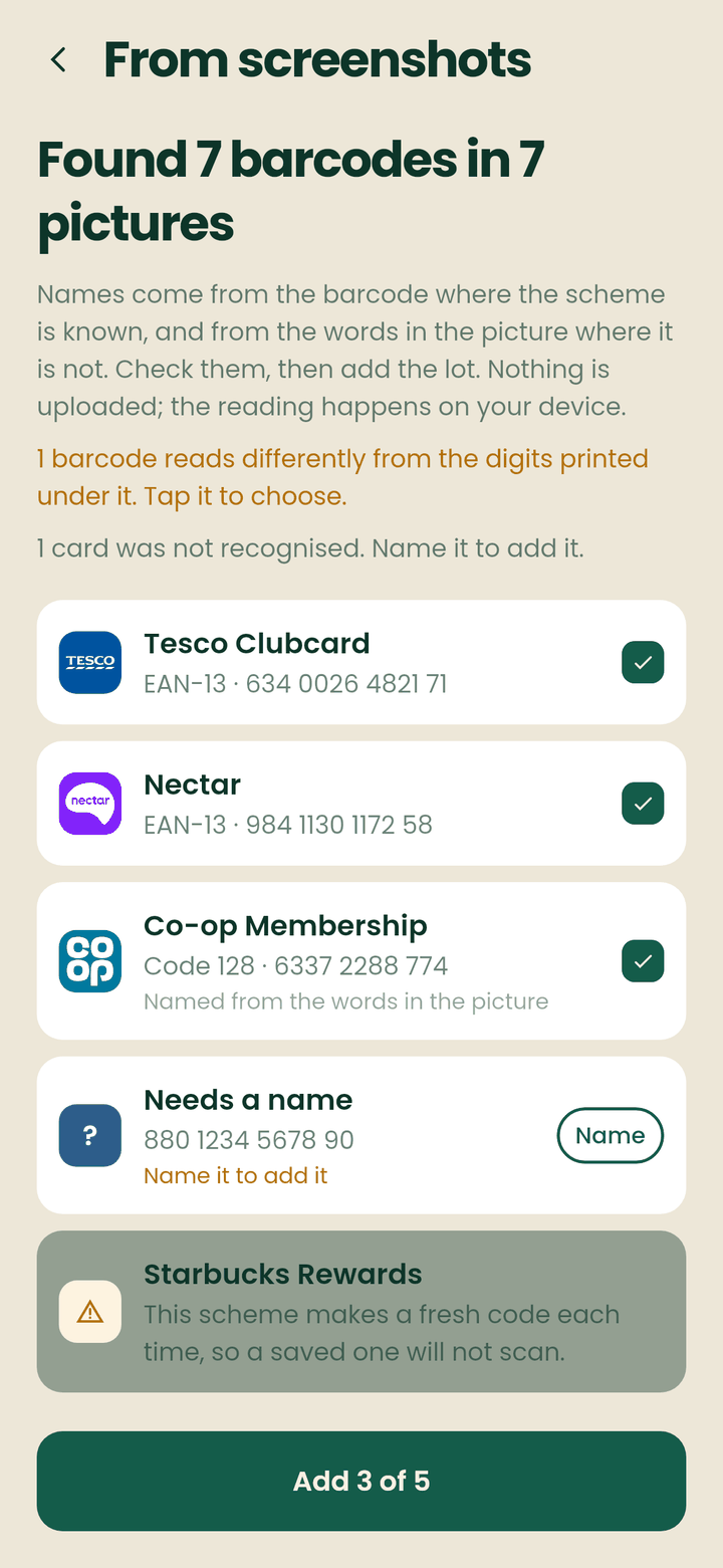 The CardJar import screen: five barcodes read out of seven pictures on the phone, with Tesco Clubcard, Nectar and Co-op Membership named and ticked, one left needing a name, and a warning that Starbucks Rewards makes a fresh code each time