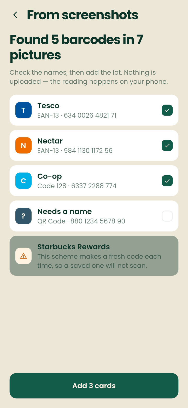 CardJar's import screen showing five barcodes found in seven pictures, each named with its retailer, and a warning that Starbucks Rewards issues a fresh code each time