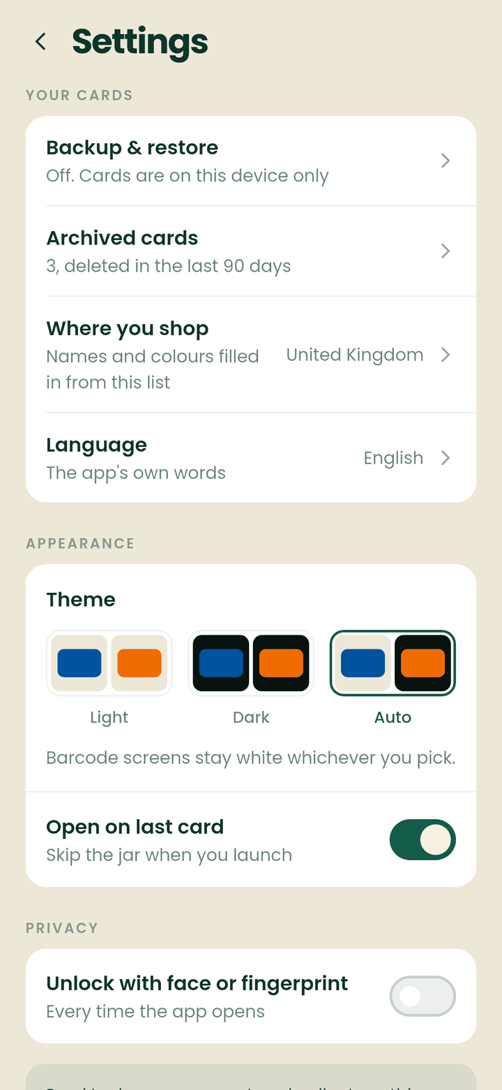 The CardJar settings screen: backup off with the cards on this phone only, archived cards, Where you shop set to United Kingdom, the app's own language, the theme picker and a fingerprint lock