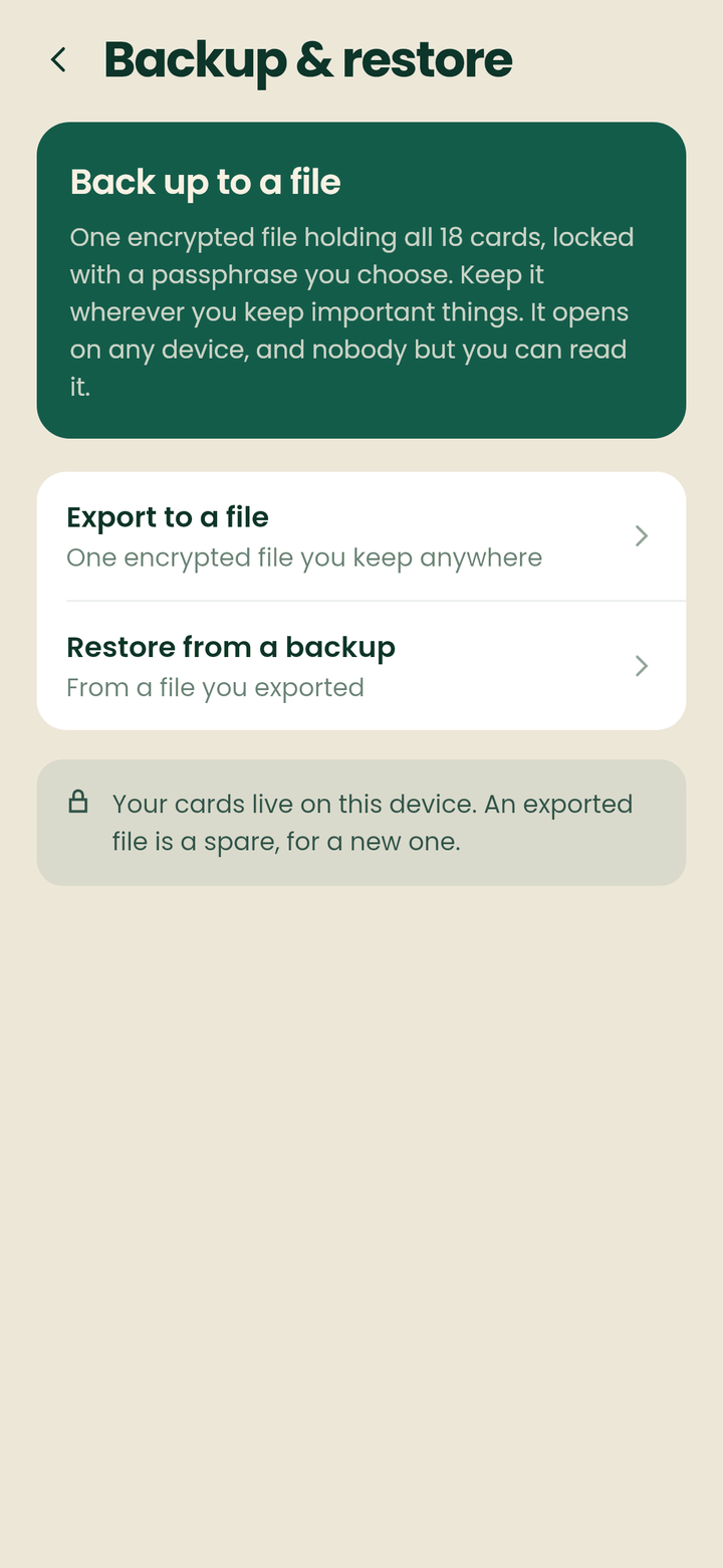 The backup screen showing export to a file and restore from a backup