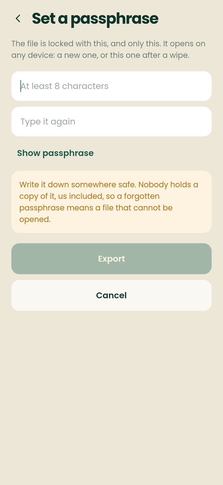 Setting a passphrase before exporting a backup file
