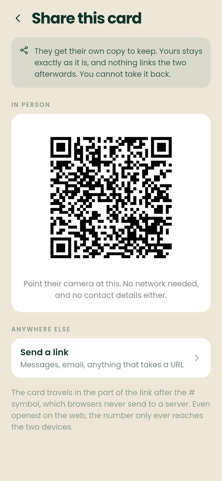 The share screen, offering a QR code to show in person or a link to send