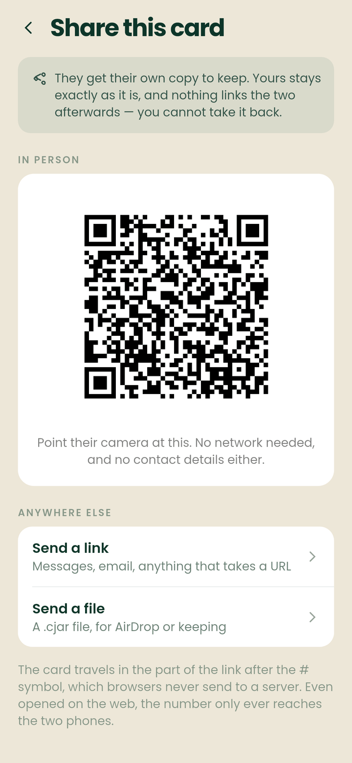 CardJar's share screen offering a QR code to show in person, or a link to send, with a note that the recipient gets their own copy