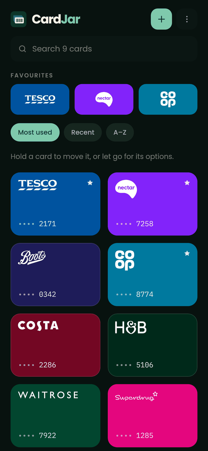 The CardJar jar screen in dark mode: the same grid of loyalty cards against a near-black background, every tile still in its own retailer's colour, with Tesco Clubcard, Nectar and Co-op Membership pinned as favourites