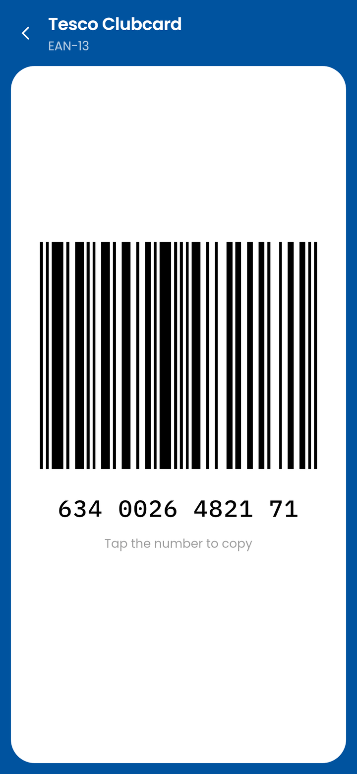 Tesco Clubcard on the CardJar till screen in dark mode: the plate behind its EAN-13 barcode stays white while the rest of the app is dark