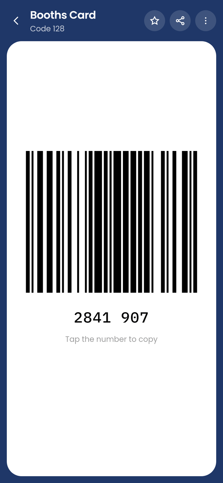 A Booths Card open on the CardJar till screen, headed Booths Card and Code 128 on the scheme's own dark blue, with a striped barcode on a white plate and the seven-digit account number under it
