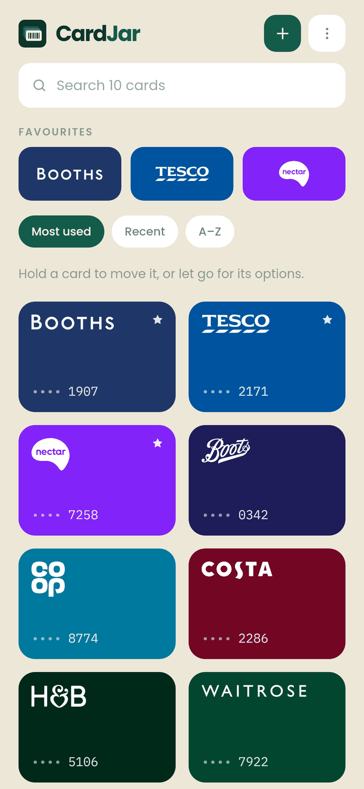 The CardJar jar with a Booths Card on the favourites shelf at the top, beside Tesco Clubcard and Nectar, above a grid of other British loyalty cards each in its retailer's own colour