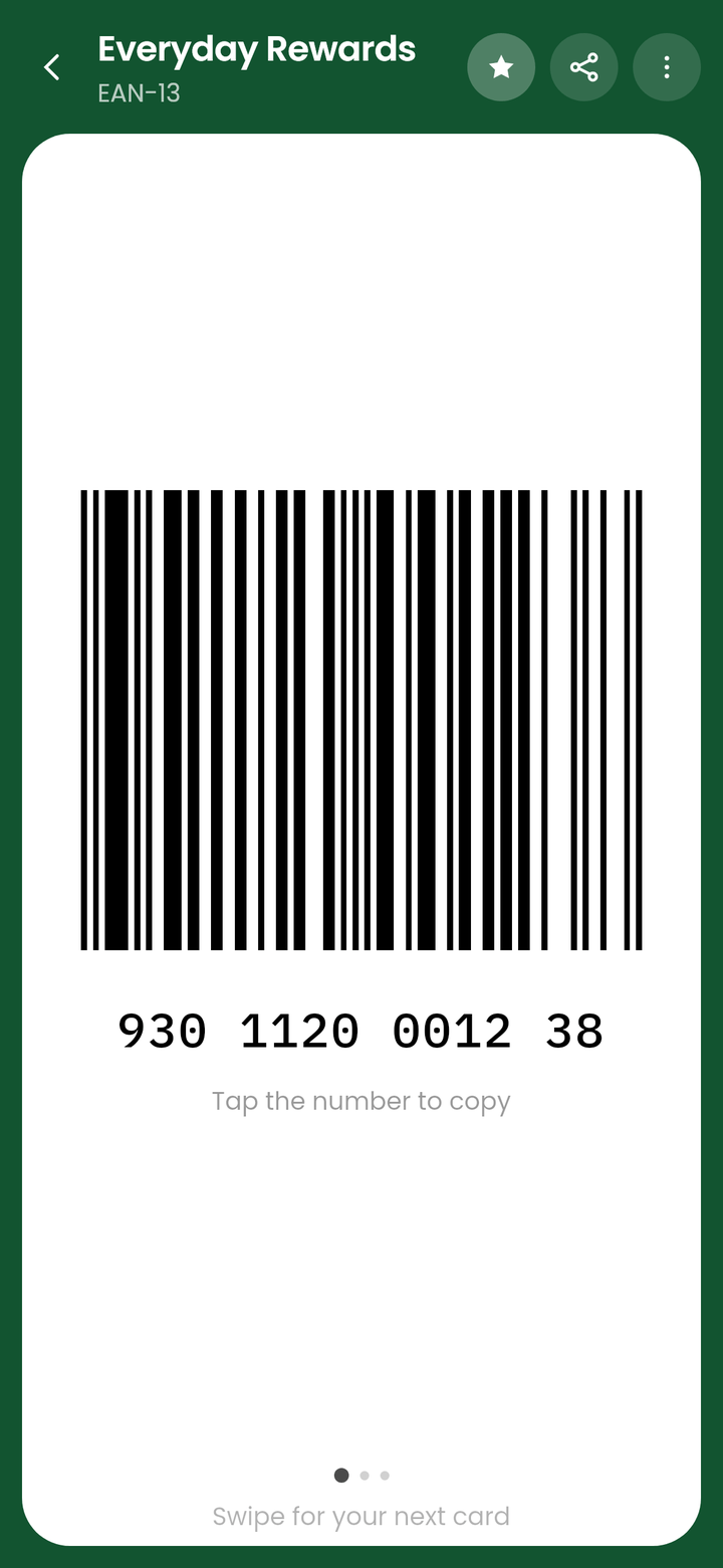 Everyday Rewards on the CardJar till screen: its EAN-13 barcode on a white plate, with the number underneath