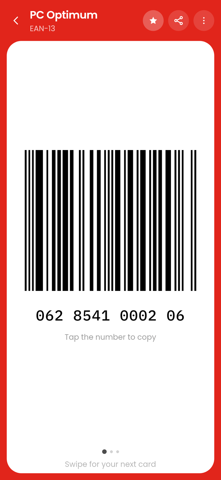 PC Optimum on the CardJar till screen: its EAN-13 barcode on a white plate, with the number underneath