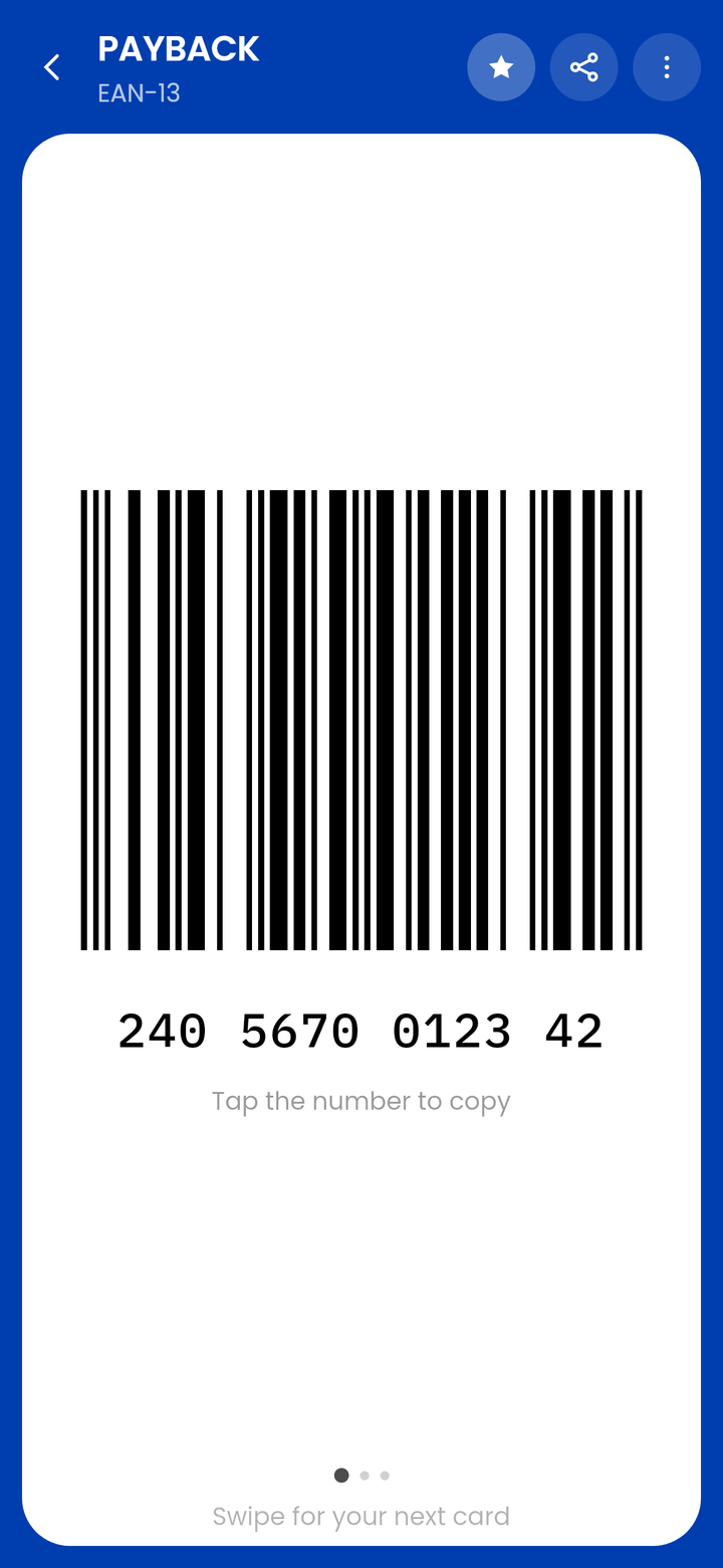 PAYBACK on the CardJar till screen: its EAN-13 barcode on a white plate, with the number underneath