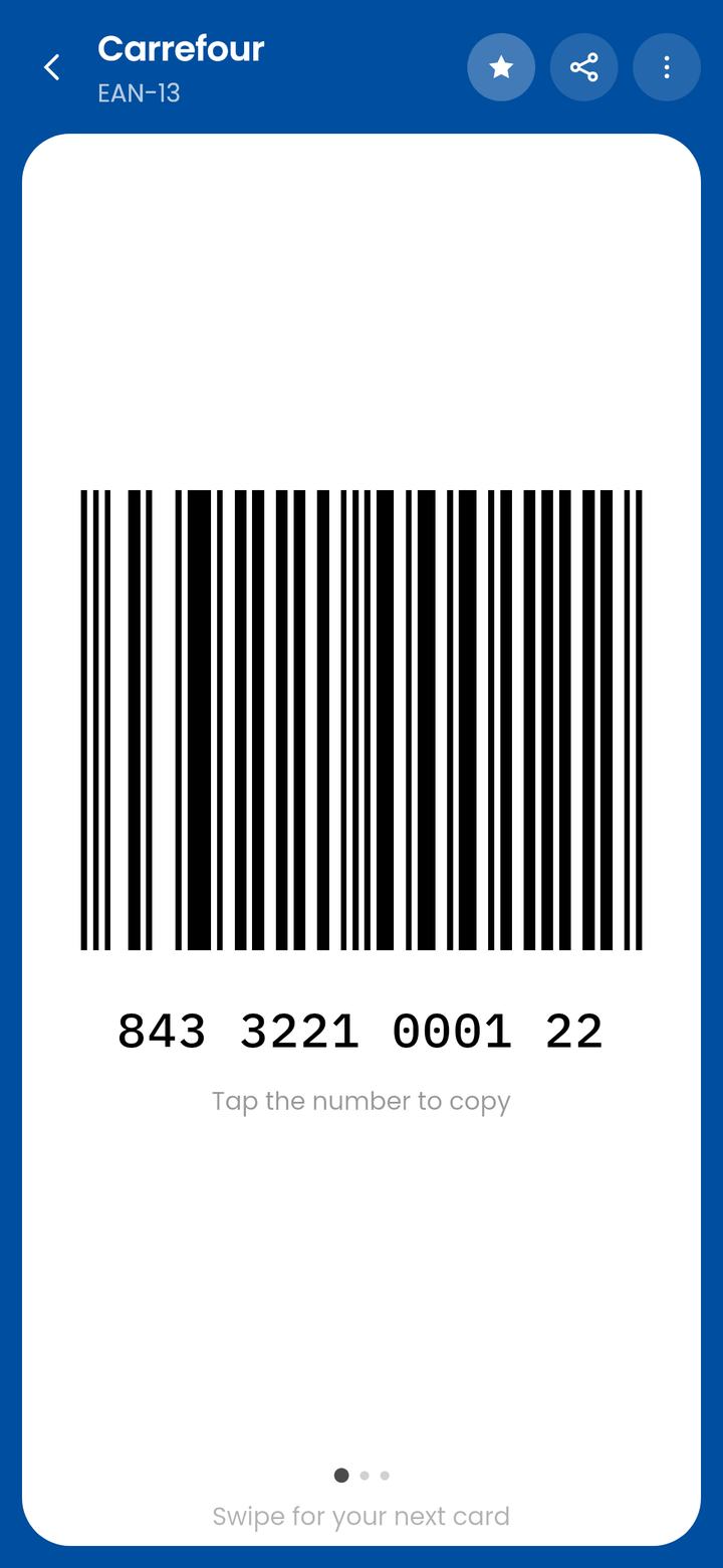 Carrefour on the CardJar till screen: its EAN-13 barcode on a white plate, with the number underneath