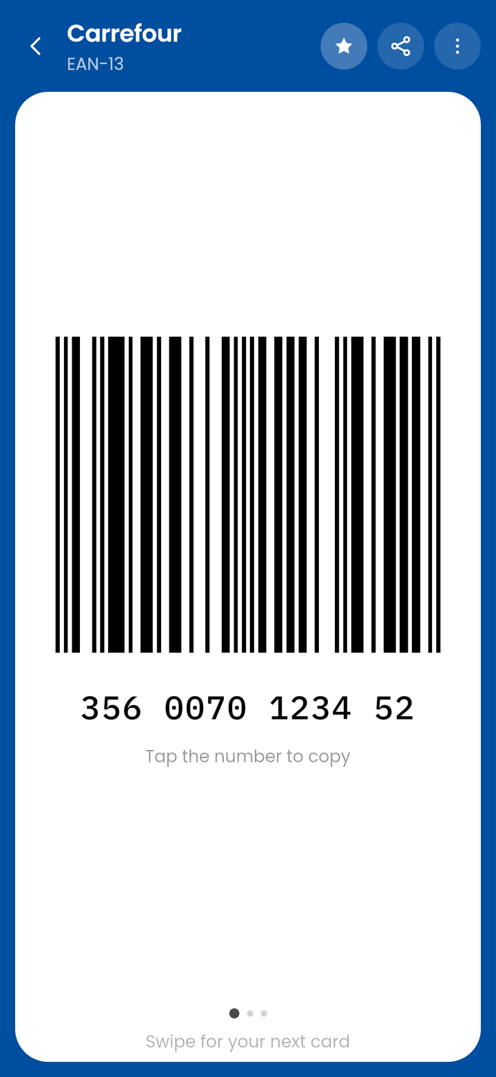 Carrefour on the CardJar till screen: its EAN-13 barcode on a white plate, with the number underneath