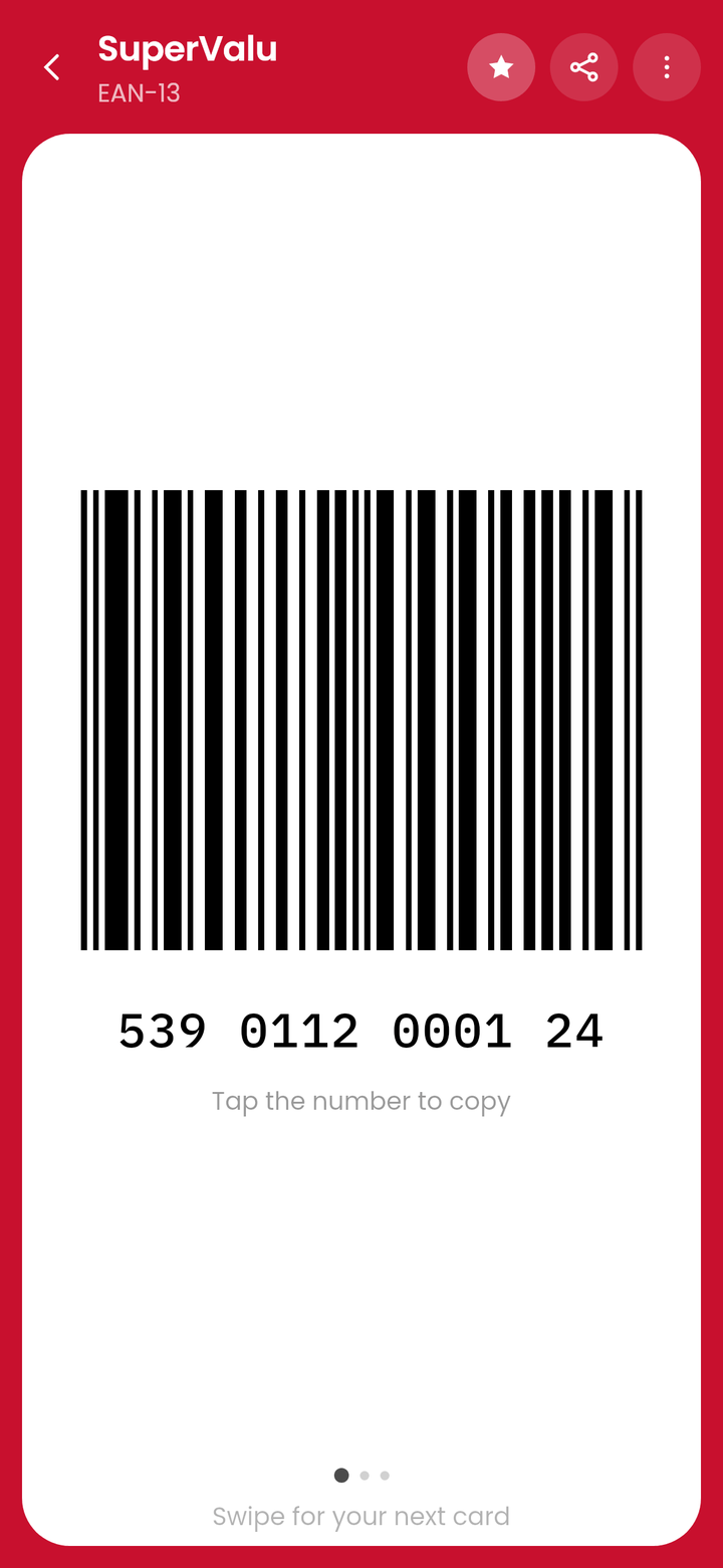 SuperValu on the CardJar till screen: its EAN-13 barcode on a white plate, with the number underneath
