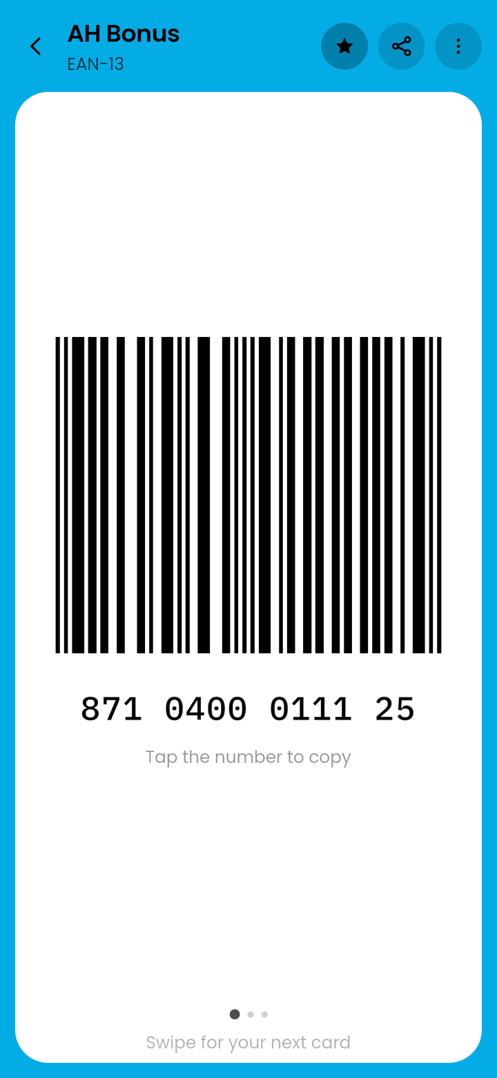 AH Bonus on the CardJar till screen: its EAN-13 barcode on a white plate, with the number underneath