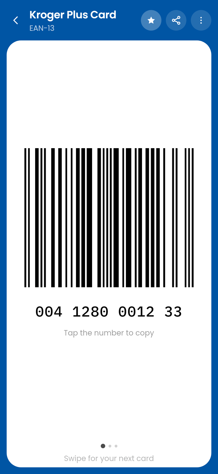Kroger Plus Card on the CardJar till screen: its EAN-13 barcode on a white plate, with the number underneath