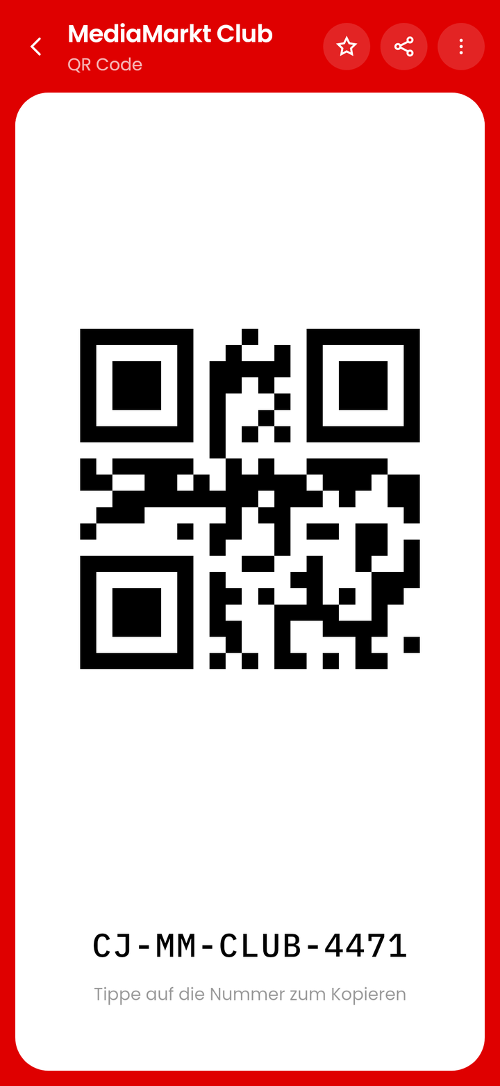 Der Kassenbildschirm mit einem MediaMarkt Club QR-Code und der Mitgliedsnummer darunter