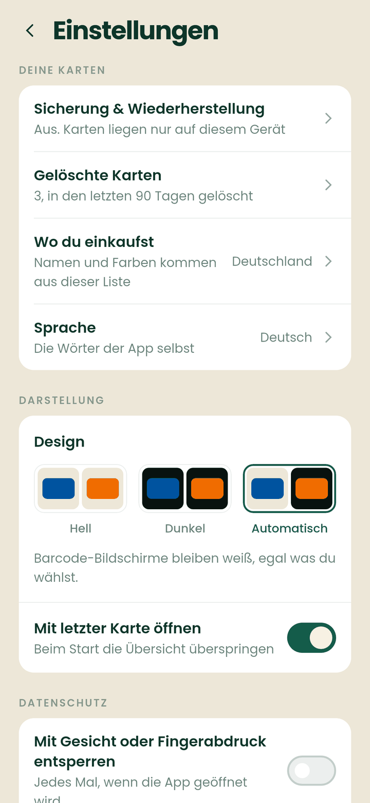 Die Einstellungen von CardJar mit Sicherung, gelöschten Karten, Land, Design und Fingerabdrucksperre