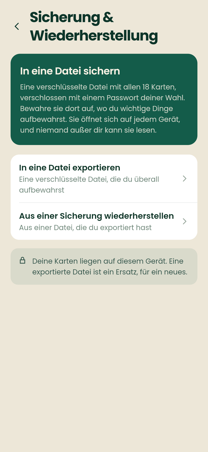 Der Sicherungsbildschirm mit Export in eine Datei und Wiederherstellung aus einer Sicherung
