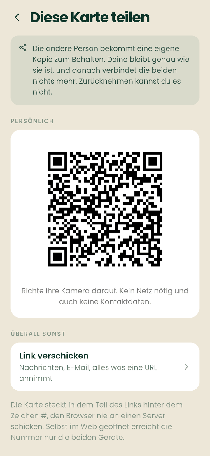 Der Bildschirm zum Teilen, mit einem QR-Code zum Zeigen und einem Link zum Verschicken