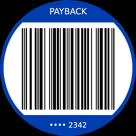 Der Kassenbildschirm auf einer runden Wear OS Uhr mit einem Barcode auf Weiß, der Kartennummer darunter und einem grünen Ring am Rand des Displays