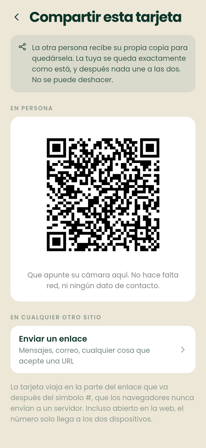La pantalla de compartir, con un código QR para enseñar en persona o un enlace para enviar