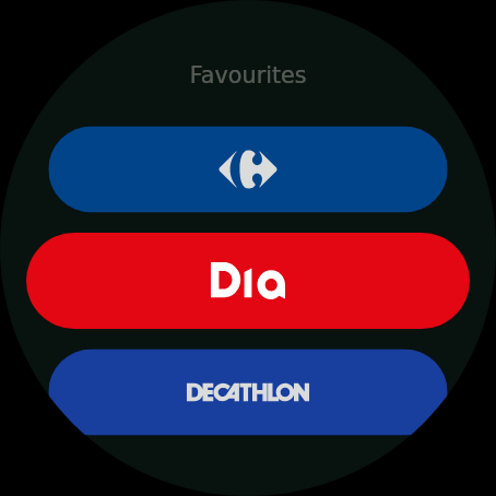 La lista de favoritas en un reloj redondo con Wear OS, las tarjetas marcadas como pastillas de color bajo un título