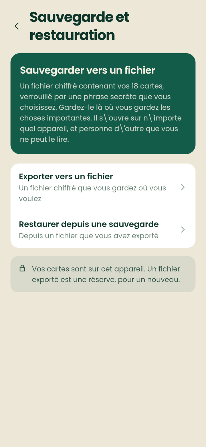 L'écran de sauvegarde montrant l'export vers un fichier et la restauration depuis une sauvegarde