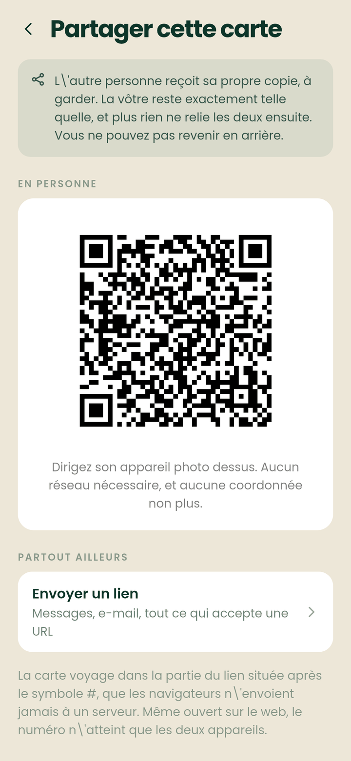 L'écran de partage, proposant un code QR à montrer en personne ou un lien à envoyer