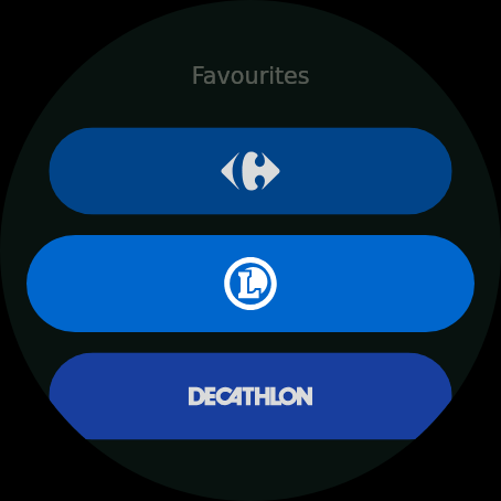 La liste des favorites sur une montre Wear OS ronde, les cartes marquées sous forme de pastilles colorées sous un titre
