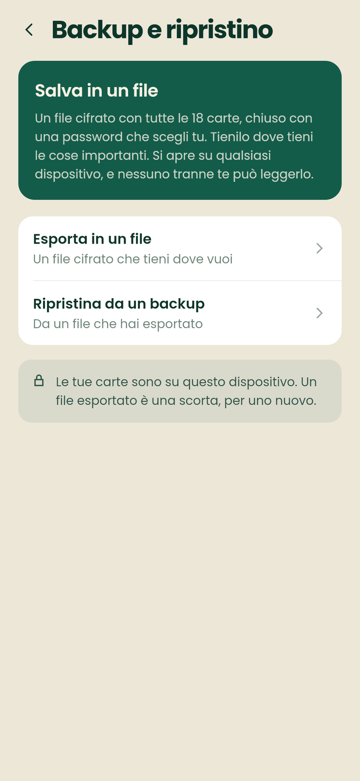 La schermata di backup con l'esportazione in un file e il ripristino da un backup