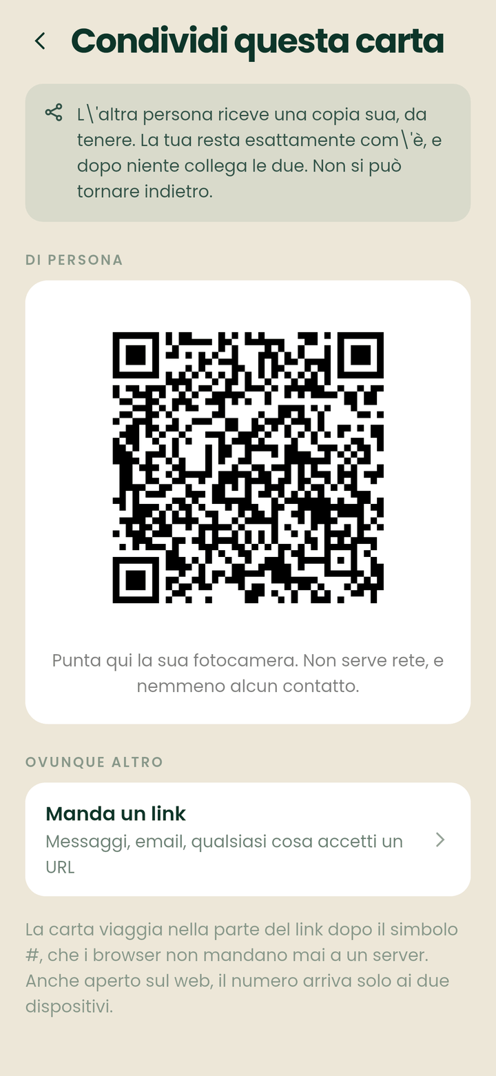 La schermata di condivisione, con un codice QR da mostrare di persona o un link da mandare