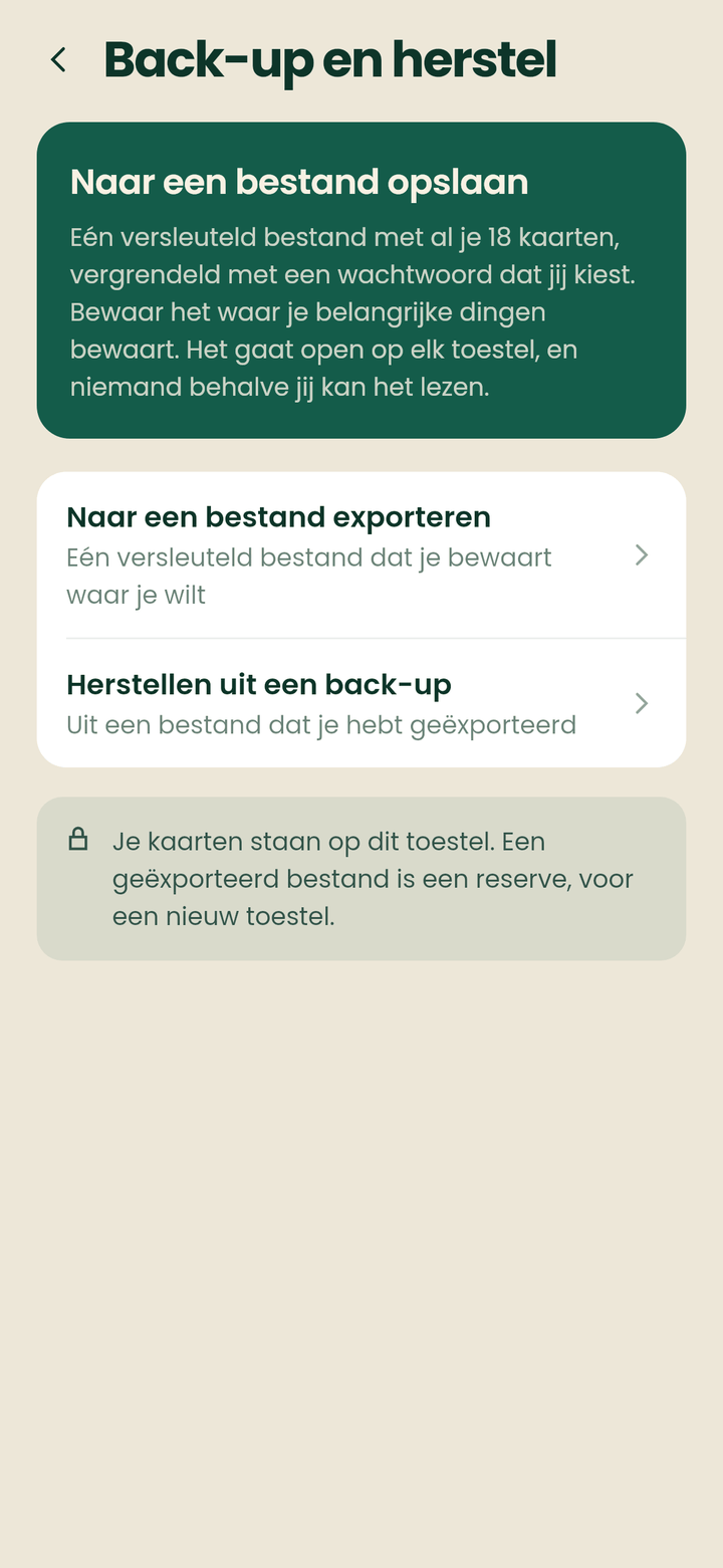 Het back-upscherm met exporteren naar een bestand en herstellen uit een back-up