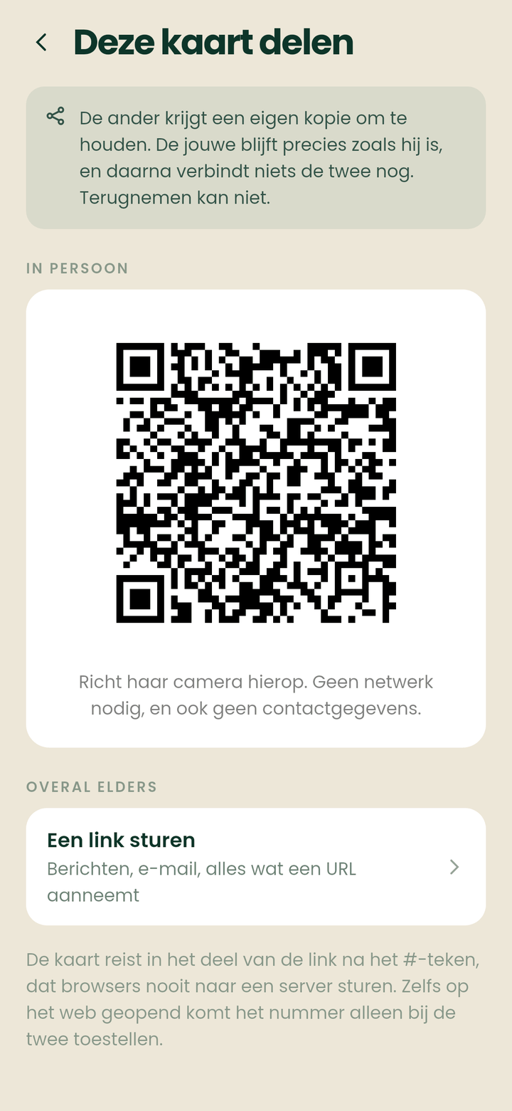 Het deelscherm, met een QR-code om in persoon te laten zien of een link om te sturen