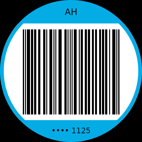 Het kassascherm op een rond Wear OS horloge, een streepjescode op wit, het kaartnummer eronder en een groene ring langs de rand van het scherm