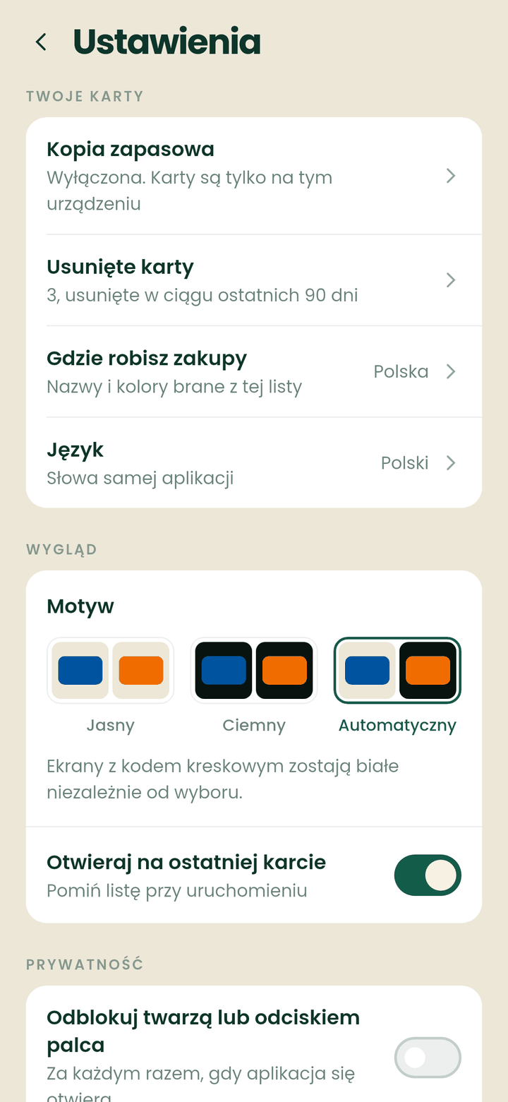 Ustawienia CardJar z kopią zapasową, usuniętymi kartami, krajem, motywem i blokadą odciskiem palca