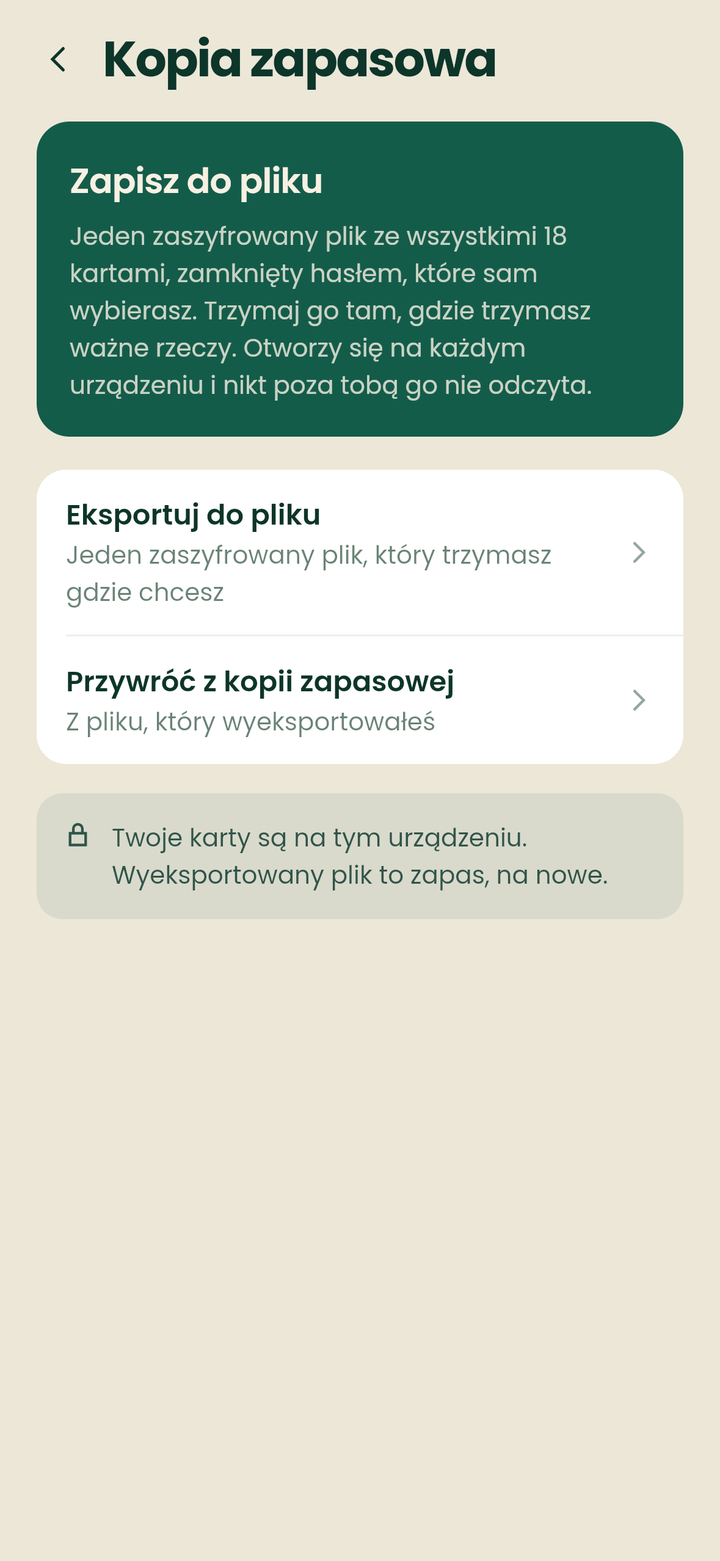 Ekran kopii zapasowej z eksportem do pliku i przywracaniem z kopii