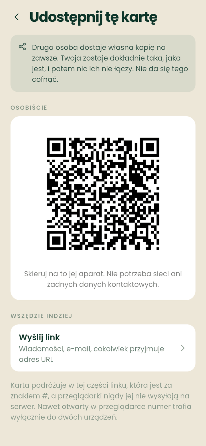 Ekran udostępniania, z kodem QR do pokazania na miejscu i linkiem do wysłania