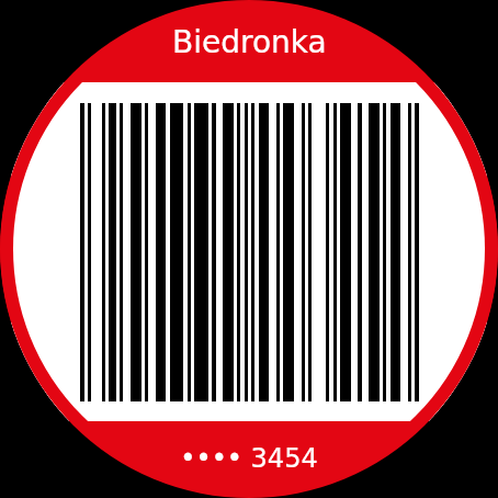 Ekran kasowy na okrągłym zegarku z Wear OS, kod kreskowy na białym tle, numer karty pod spodem i zielony pierścień przy krawędzi ekranu