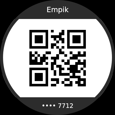 Kod QR wypełniający okrągły ekran zegarka, rodzaj kodu dwuwymiarowego, który czytnik łatwo odczytuje z małego ekranu