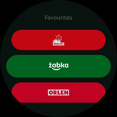 Lista ulubionych na okrągłym zegarku z Wear OS, oznaczone karty jako kolorowe pastylki pod nagłówkiem