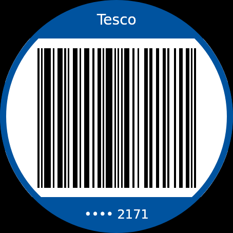 Tesco Clubcard on the CardJar watch app: its EAN-13 barcode on a white plate across a round watch face, ringed in the retailer's own colour, with the last four digits underneath