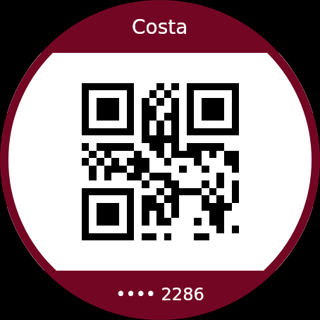 Costa Club on the CardJar watch app: its QR Code drawn as a square block on a white plate, filling a round watch face
